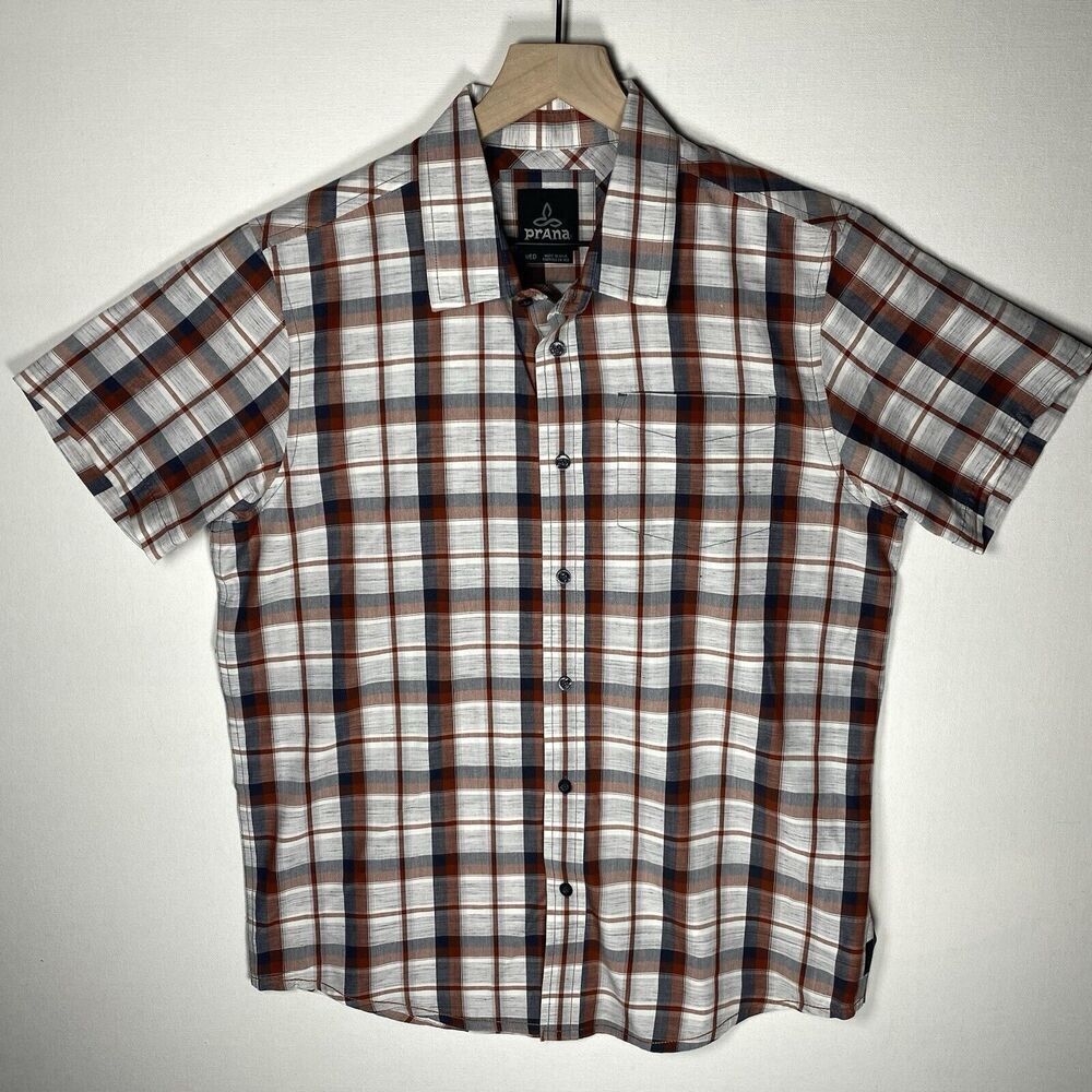 Prana Mens MEDIUM Rust Gray Plaid Short Sleeve Button Down Shirt